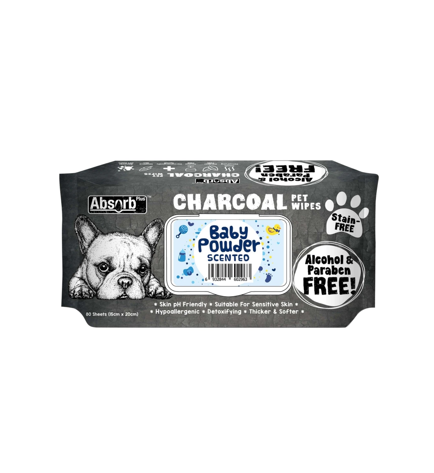 Absorb Plus Charcoal Pet Wipes Baby Powder 80p
