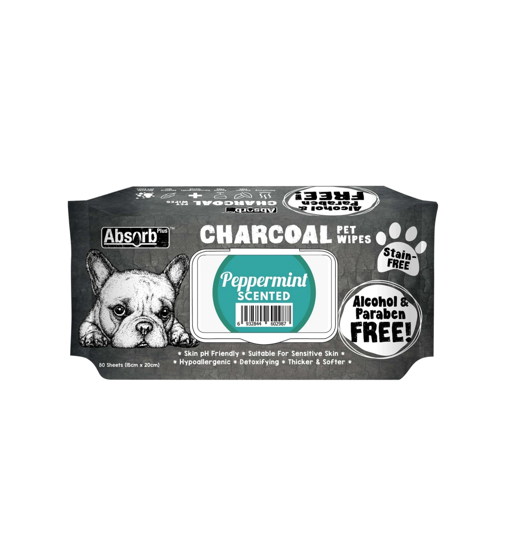 Absorb Plus Charcoal Pet Wipes Peppermint 80p