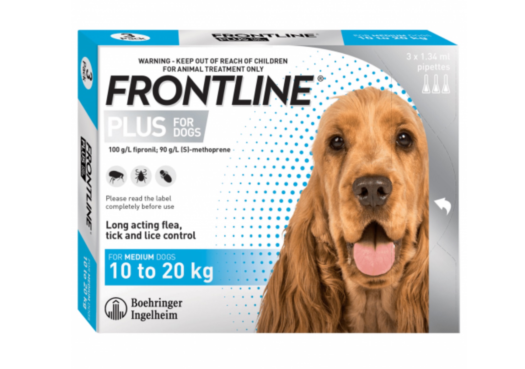 size M (10-20kg) FRONTLINE® PLUS FOR DOGS Tuýp nhỏ gáy phòng & trị ve, rận, bọ chét (trứng, ấu trùng, con trưởng thành) cho chó
