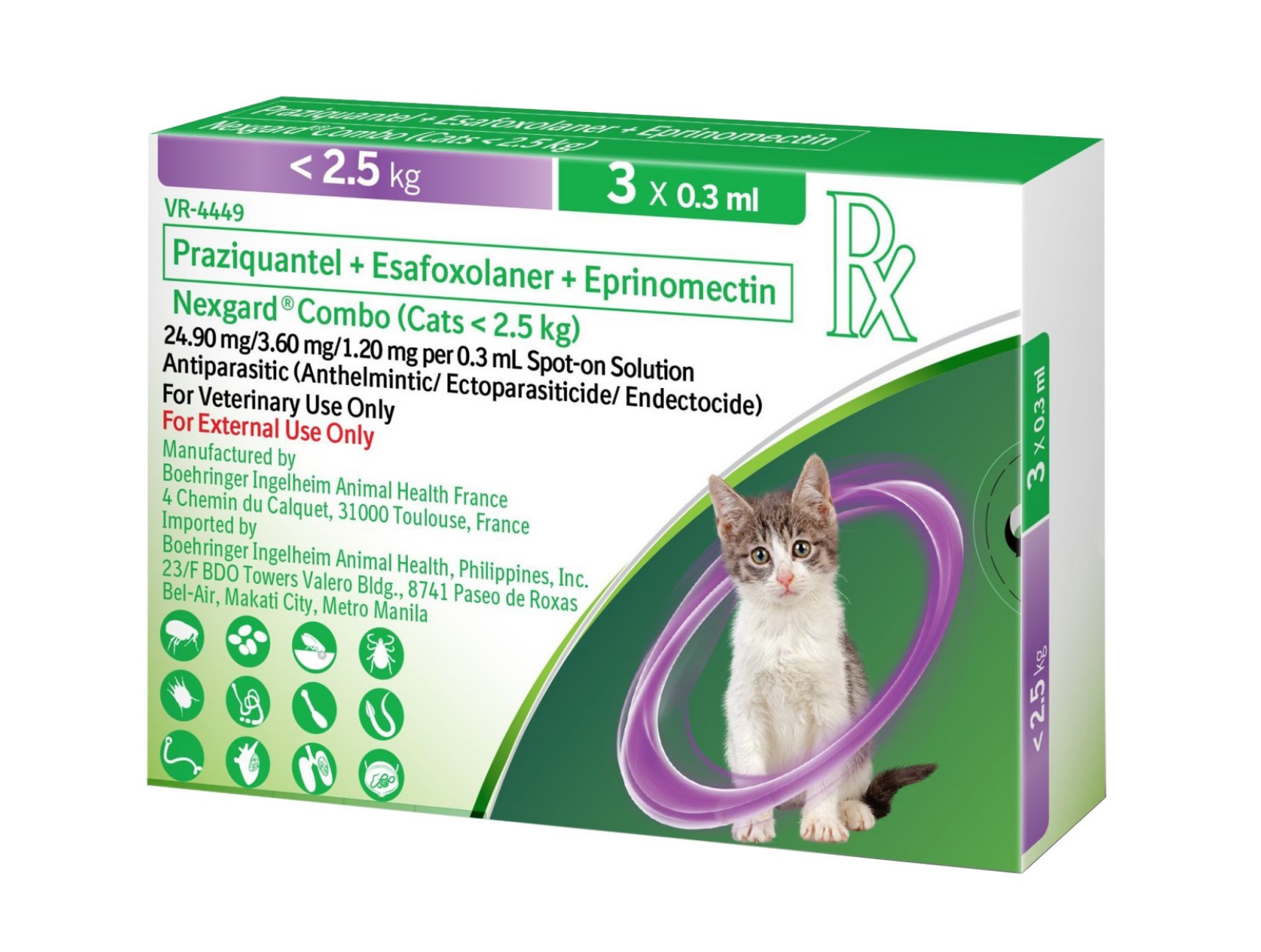 size S (<2.5kg) - 1 hộp 3 ống 0,3ml NexGard COMBO - Ống nhỏ gáy phòng & trị nội, ngoại kí sinh dành cho mèo